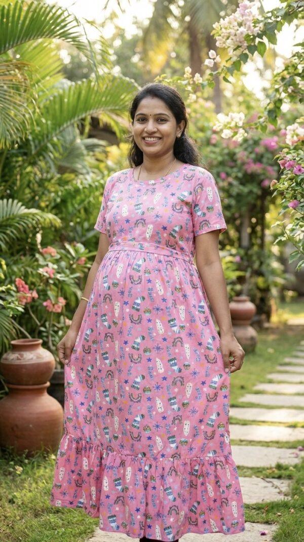 Pink Christmas theme Frock style zipless maternity with bottom frill (47 height)