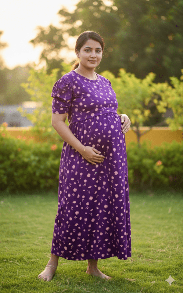 Purple Dress With Pink Floral Pattern maternity maxi full length-51inches
