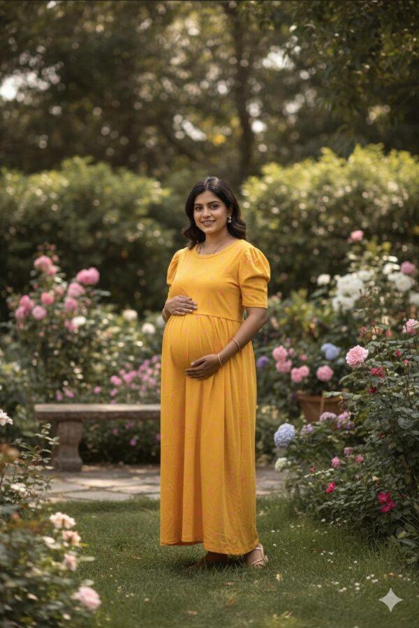 Yellow with pink tree pattern maternity maxi full length-50inches
