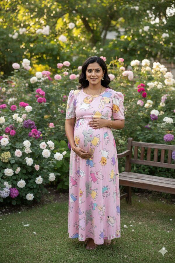 Light Pink With Cartoon Pattern maternity maxi full length-52inches