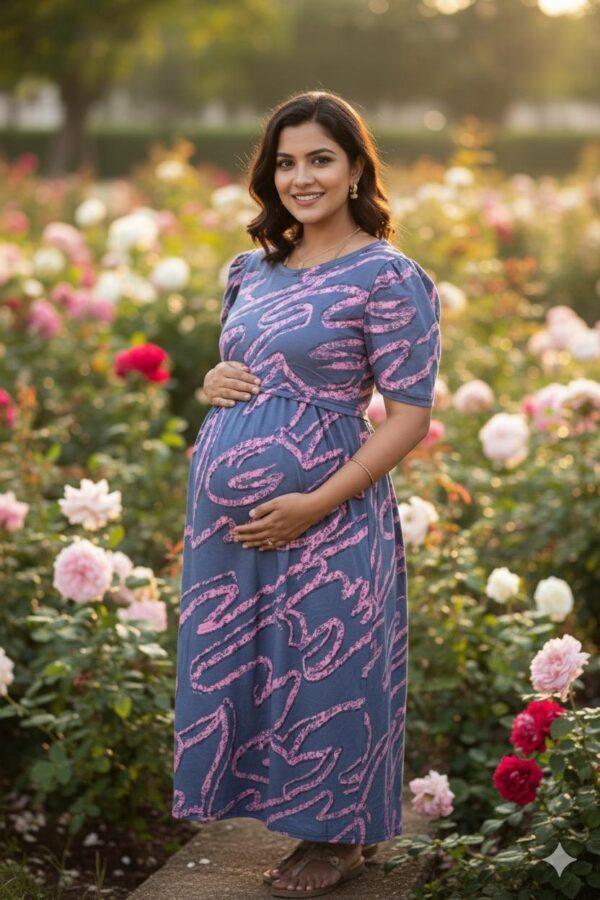 Dark blue with pink lined pattern maternity maxi full length-50inches
