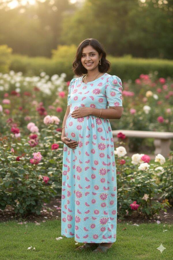 Light Blue with fruit pattern maternity maxi full length-50inches