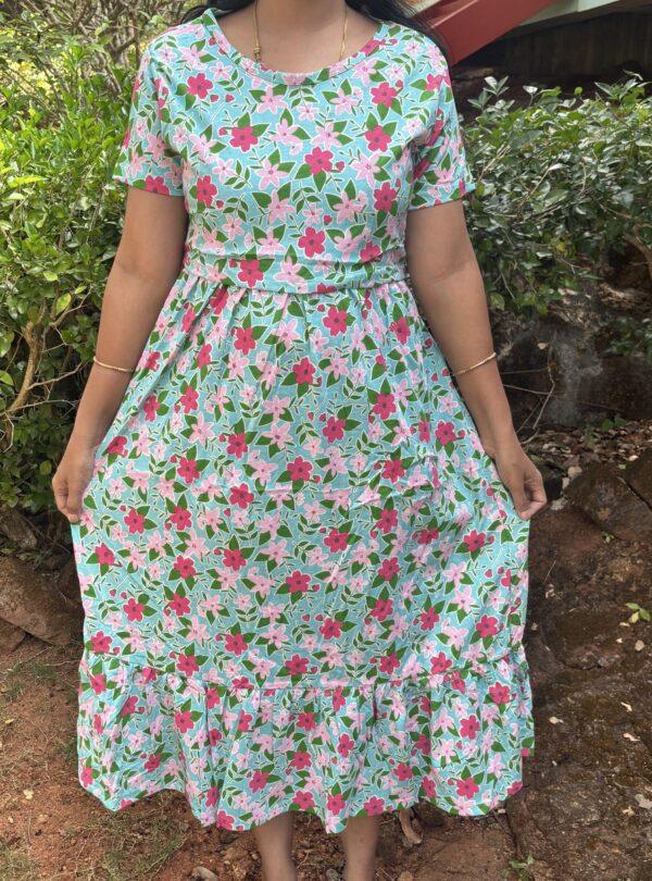 Teal Green With Pink Flower theme Frock style zipless maternity with bottom frill (47 height)