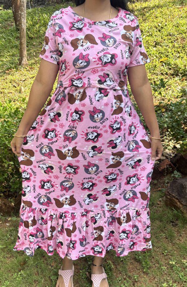 Pink Colour With Cartoon theme Frock style zipless maternity with bottom frill (47 height)