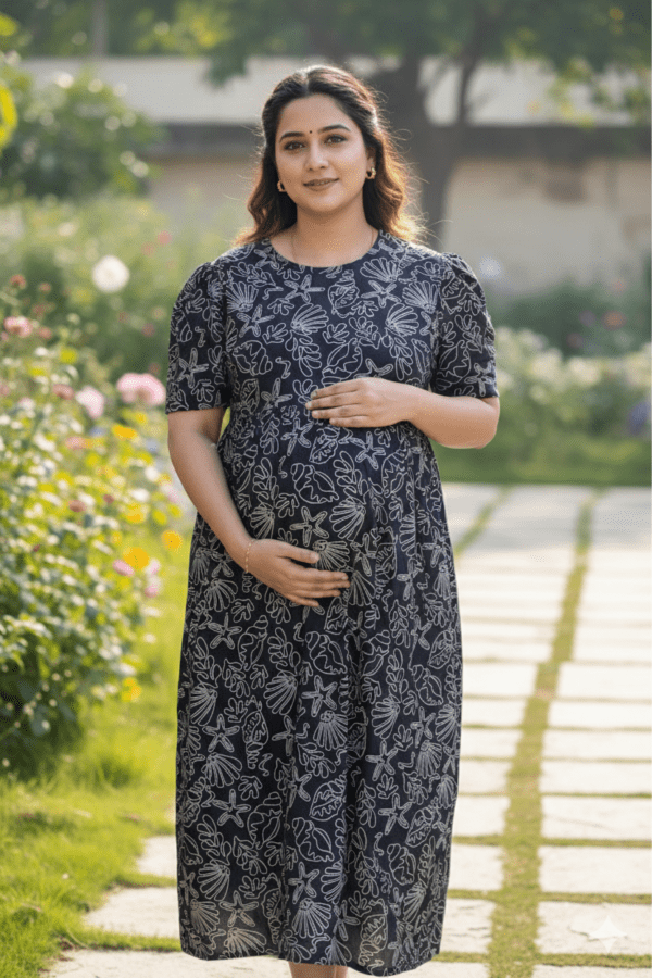 Black With Leaf & Floral Motif Pattern maternity maxi full length-51inches