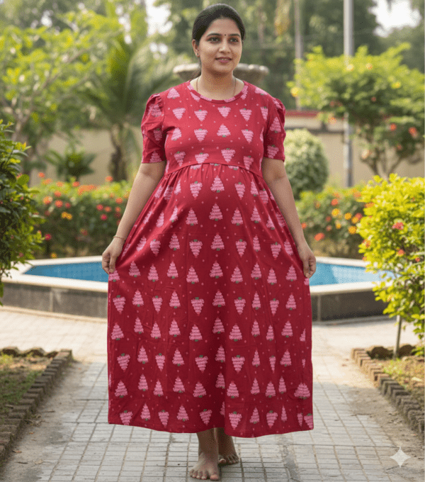 Dark Red With Pink Christmas Tree Pattern maternity maxi full length-51inches