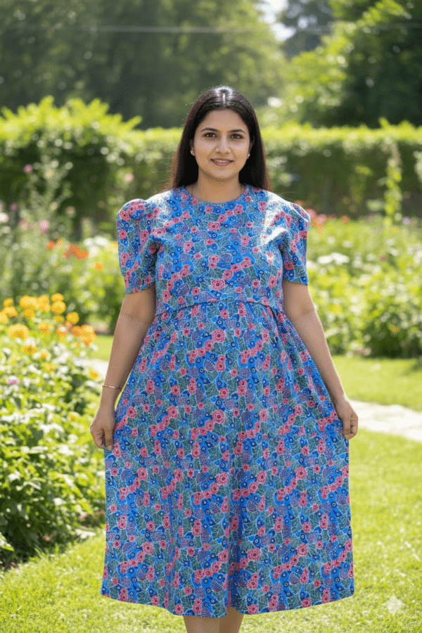 Blue With Flower pattern maternity maxi calf length-47 inches