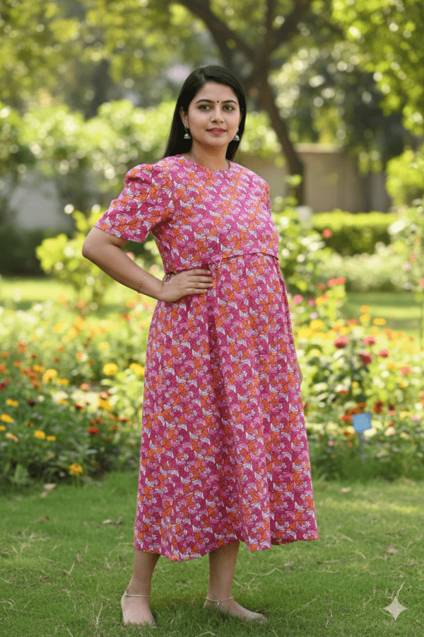 Pink multi floral pattern maternity maxi calf length-47 inches