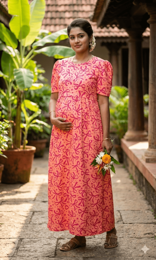 Baby Pink With Bow Pattern maternity maxi full length-52inches