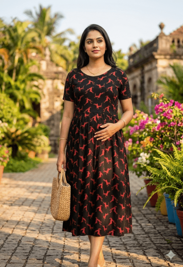 Black With Red Deer pattern maternity maxi calf length-47 inches