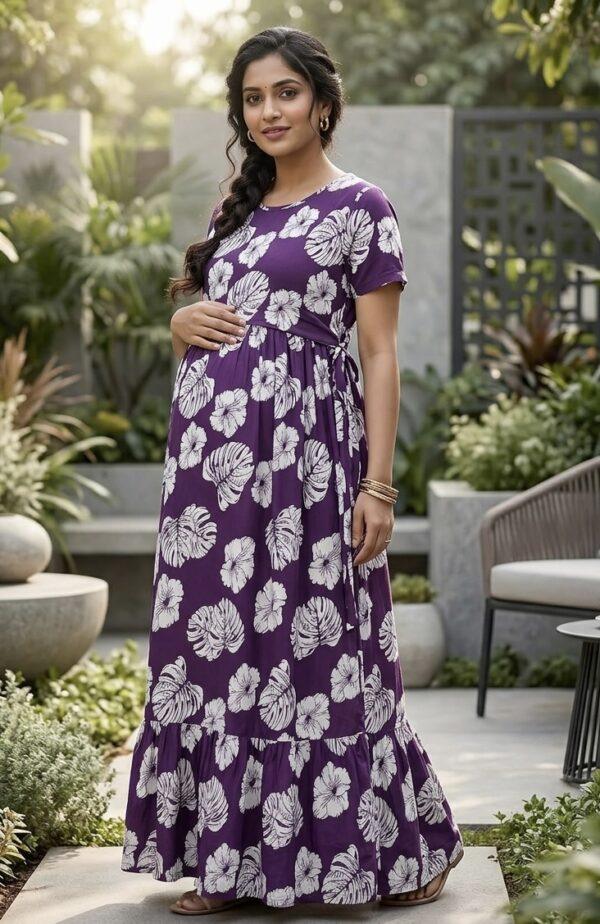 Violet with floral Frock zipless maternity with bottom frill (48-height)