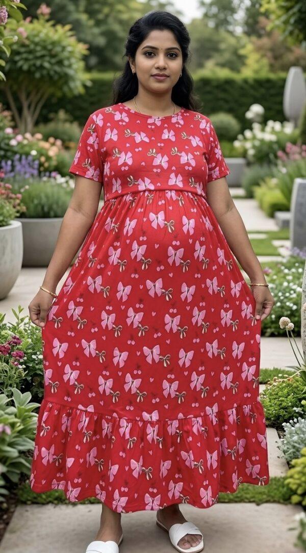 Red with Bow design Frock zipless maternity with bottom frill (48-height)