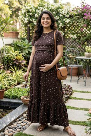 Brown with heart Frock zipless maternity with bottom frill (48-height)