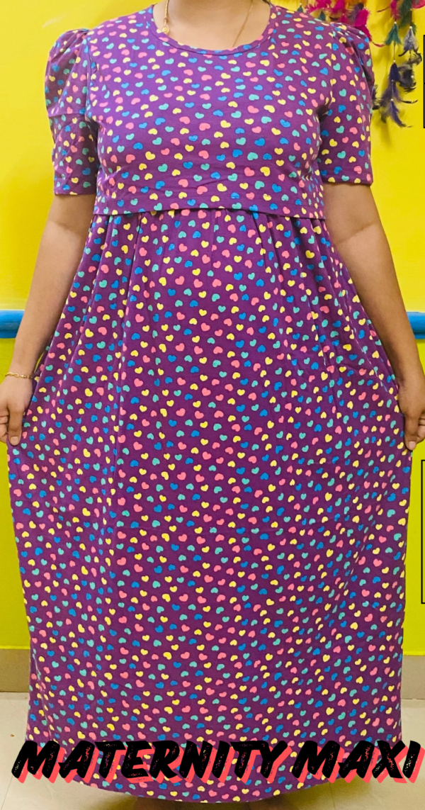 violet with small hearts maternity maxi full length-52inches