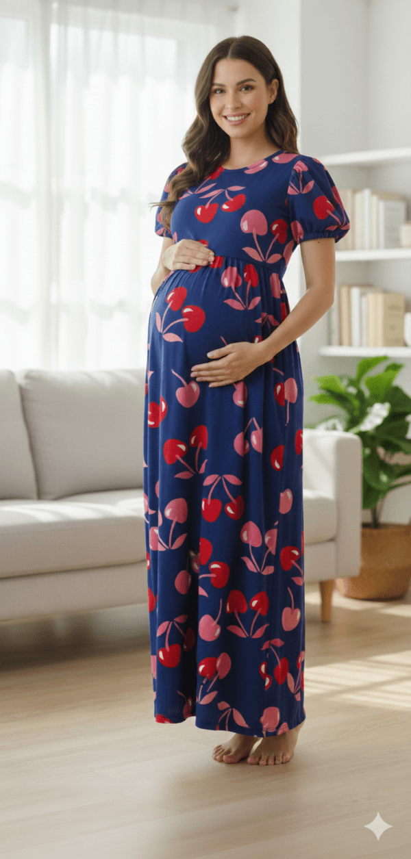 Dark blue with cherry pattern maternity maxi full length-50inches