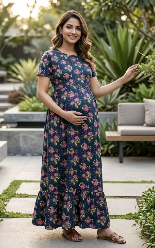 Dark blue with floral zipless maternity with bottom frill (48-height)