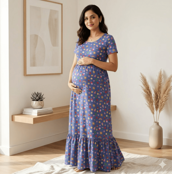 Blue with summer theme Frock zipless maternity with bottom frill (48-height)