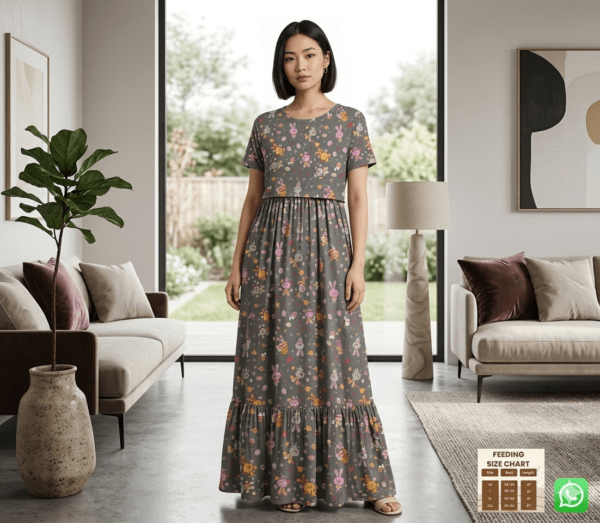 Ash with Bunny design Frock zipless maternity with bottom frill (48-height)