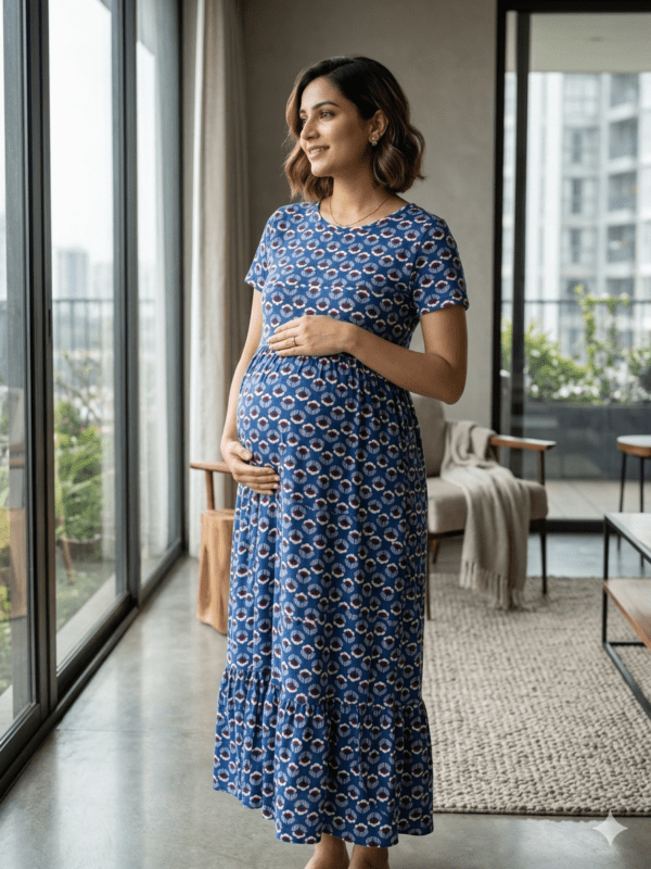 Dark blue with whitefloral zipless maternity with bottom frill (48-height)