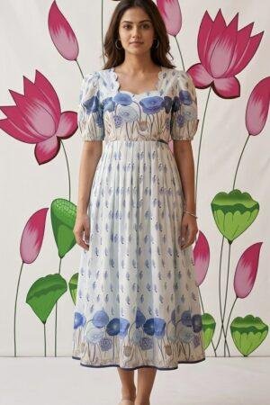 White with blue floral feeding frock