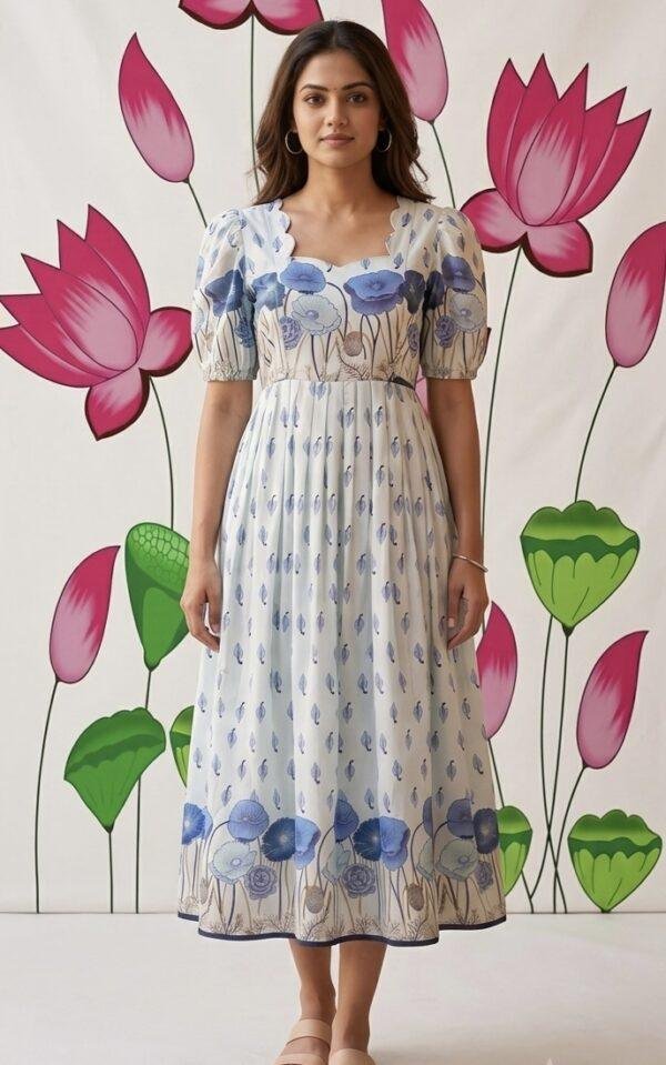 White with blue floral feeding frock