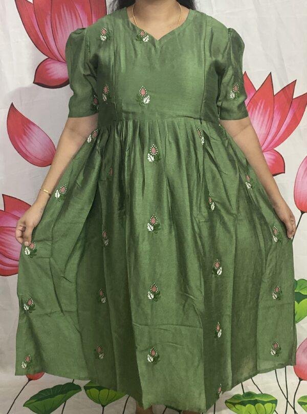Green chinon silk Embriodery frock